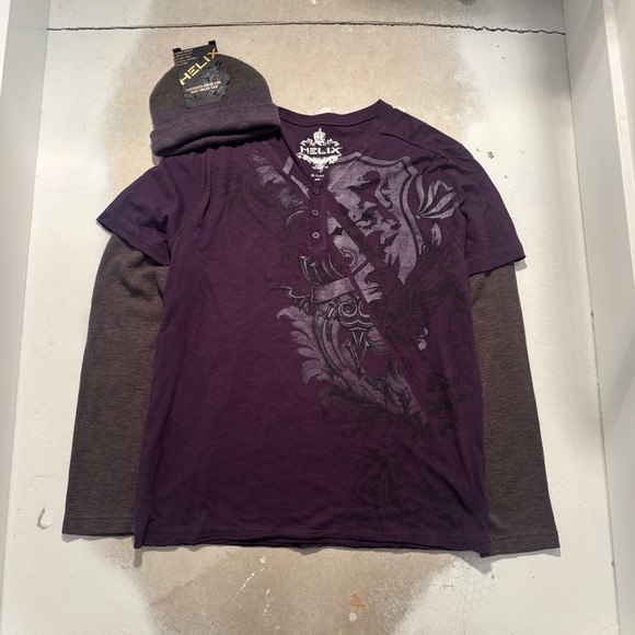 Helix Other - Helix Mens Layered Look Henley Graphic Tee Purple XL with Matching Beanie Hat